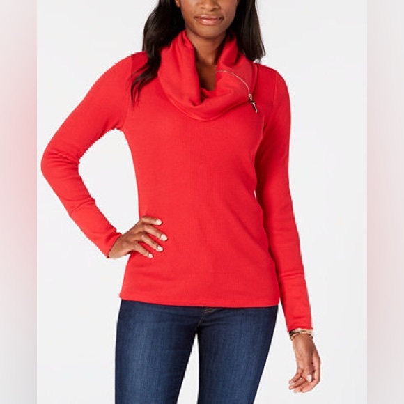 Tommy Hilfiger red thermal waffle knit cowl neck, long sleeve sweater - Picture 1 of 7